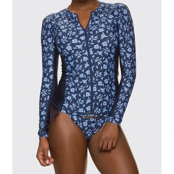 Draper James x Helen Jon Womens Navy Blue Floral Full Zip Rash Guard Swim Top M - Picture 2 of 8